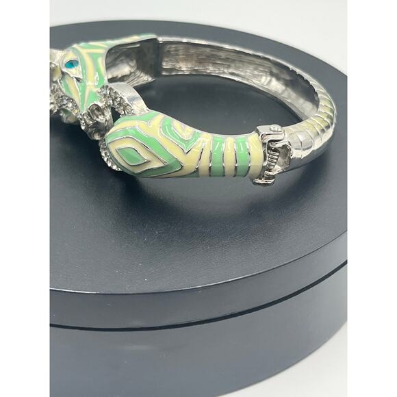 Mint and Cream Zebra with Stripes Hinged Rhinestone Blue Eyes Bangle Bracelet - Picture 8 of 12